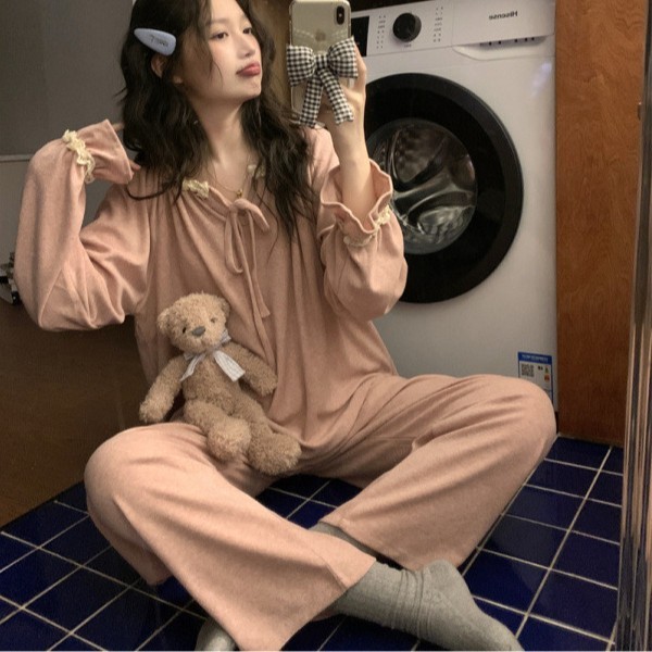 Korean Ins Women's Autumn and Winter Korean Simple Lace Terry Cloth Pajamas Set Casual Loose Lazy Home Clothes