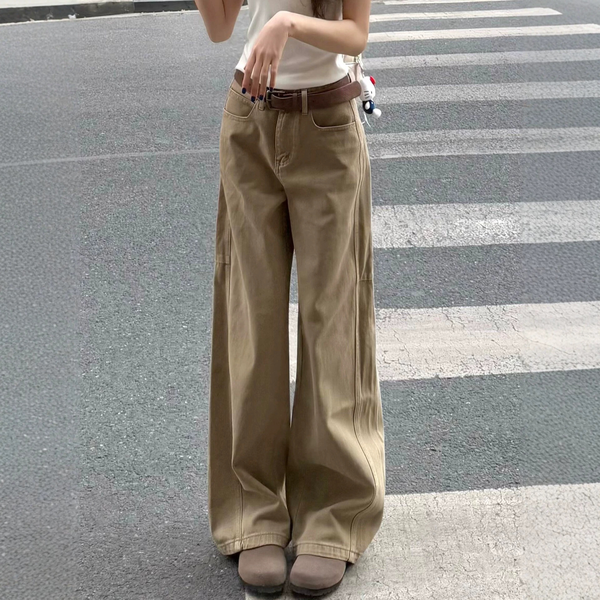 American-style retro khaki straight-leg jeans for women, new summer collection, high-waisted, loose-fitting, and slimming wide-leg pants for plus-size women