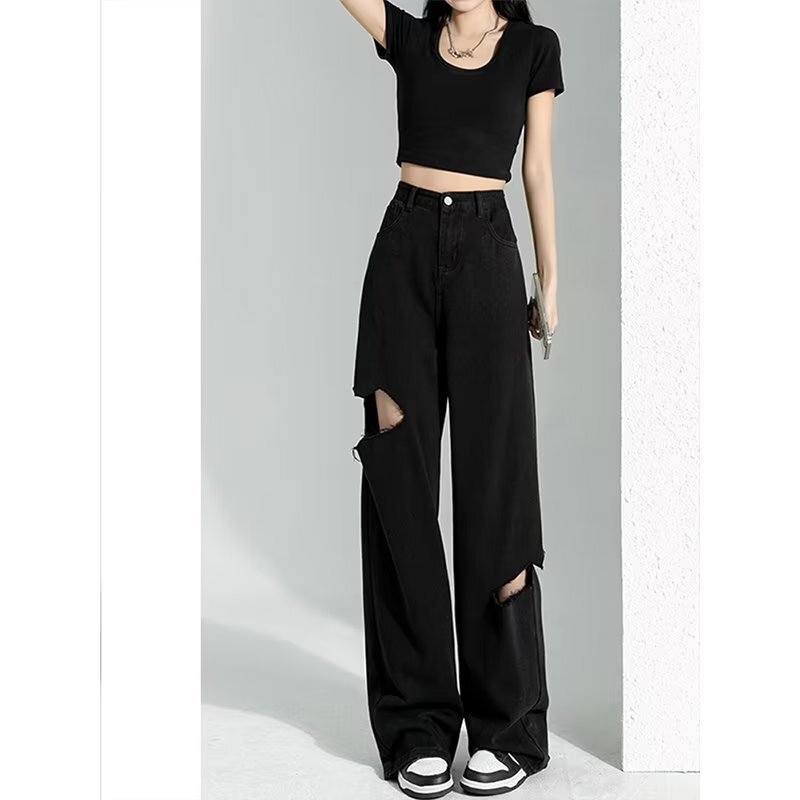 Black ripped Denim women's summer American high street loose straight pants draping small slimming wide leg long pants Black ripped Denim women's summer American high street loose straight pants draping small slimming wide leg long pants