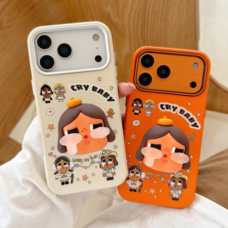 Leather Texture Three-In-One Crying Baby Illustration Plus Bracket Suitable for Iphone17Promax Mobile Phone Anti-Fall Protective Cover