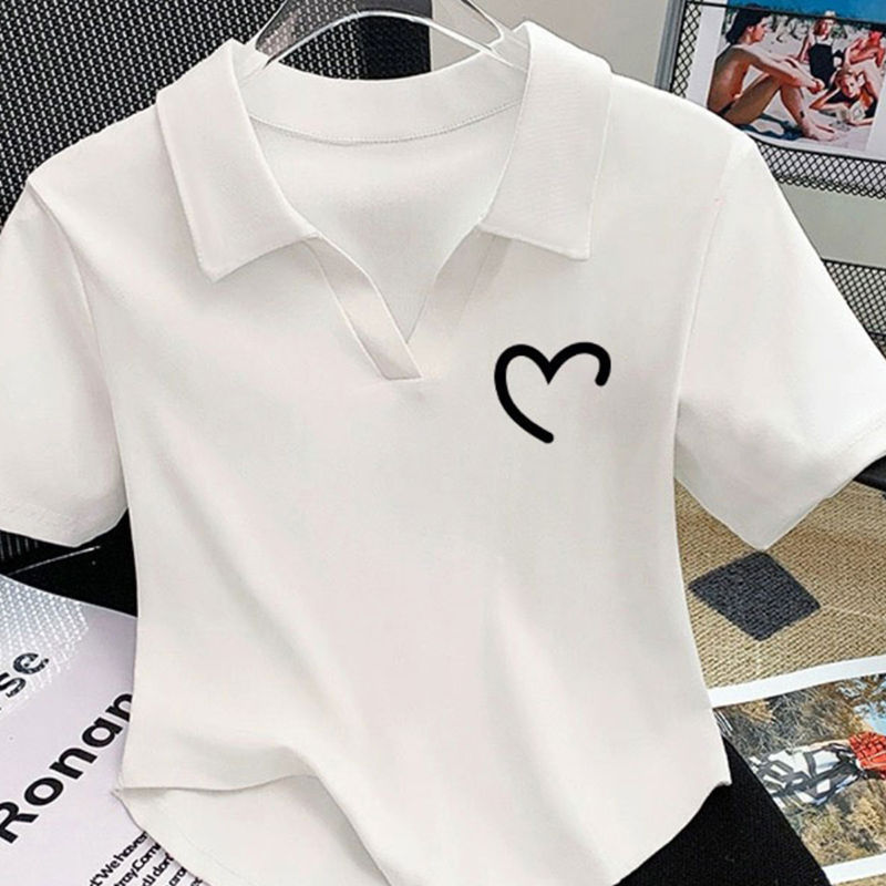 2026 Early Spring New White Pure Cotton V-Neck Short Top Women's Summer Polo Collar Shirt Regular Shoulder Short-Sleeve T-Shirt