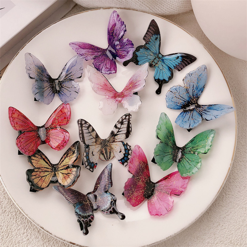 Super Fairy Retro Simulación Púrpura Azul Mariposa Clip Exquisito Flash Fino Clip de flequillo Horquilla Clip lateral Clip de pico de pato Accesorios para el cabello de todo fósforo