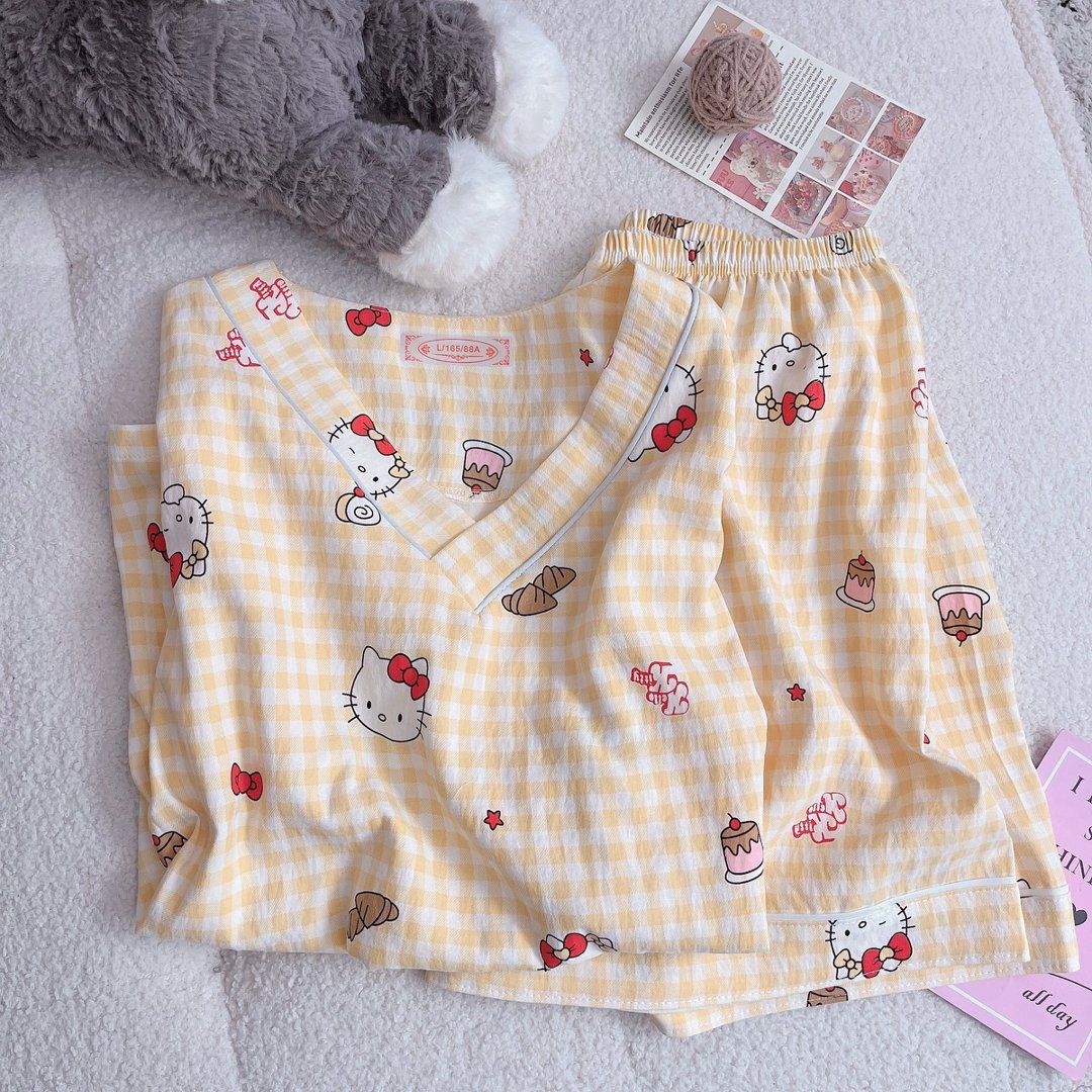 Al por mayor transfronterizo nuevo pijama dulce de verano nubes de algodón impresión de dibujos animados de cuello V hoodie set de ropa para el hogar