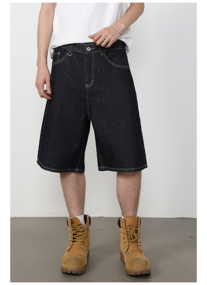 Quần short jean nam lửng ống rộng dáng suông phong cách retro, chất liệu denim thô — Denim đen, Xanh denim chi tiết 10