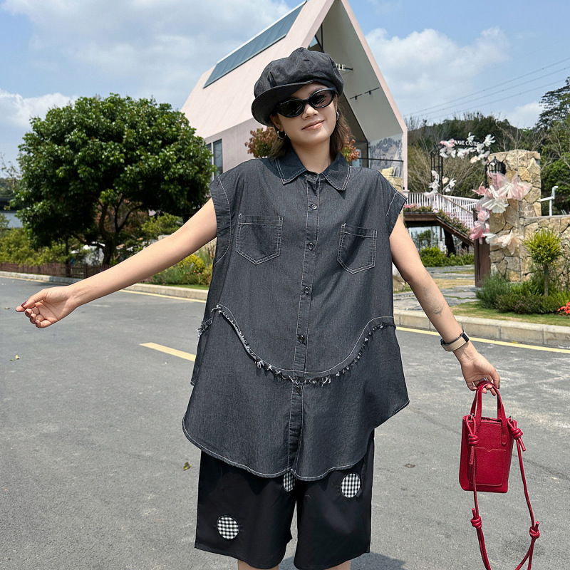 260370 American Retro Trendy Brand Sleeveless Denim Vest for Women, Loose Fit, Slimming, High-End Street Style Casual Shirt