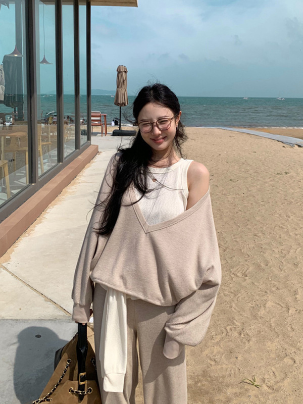秋季套装女装爱心镂空绑带背心慵懒V领卫衣上衣直筒阔腿休闲裤子|undefined