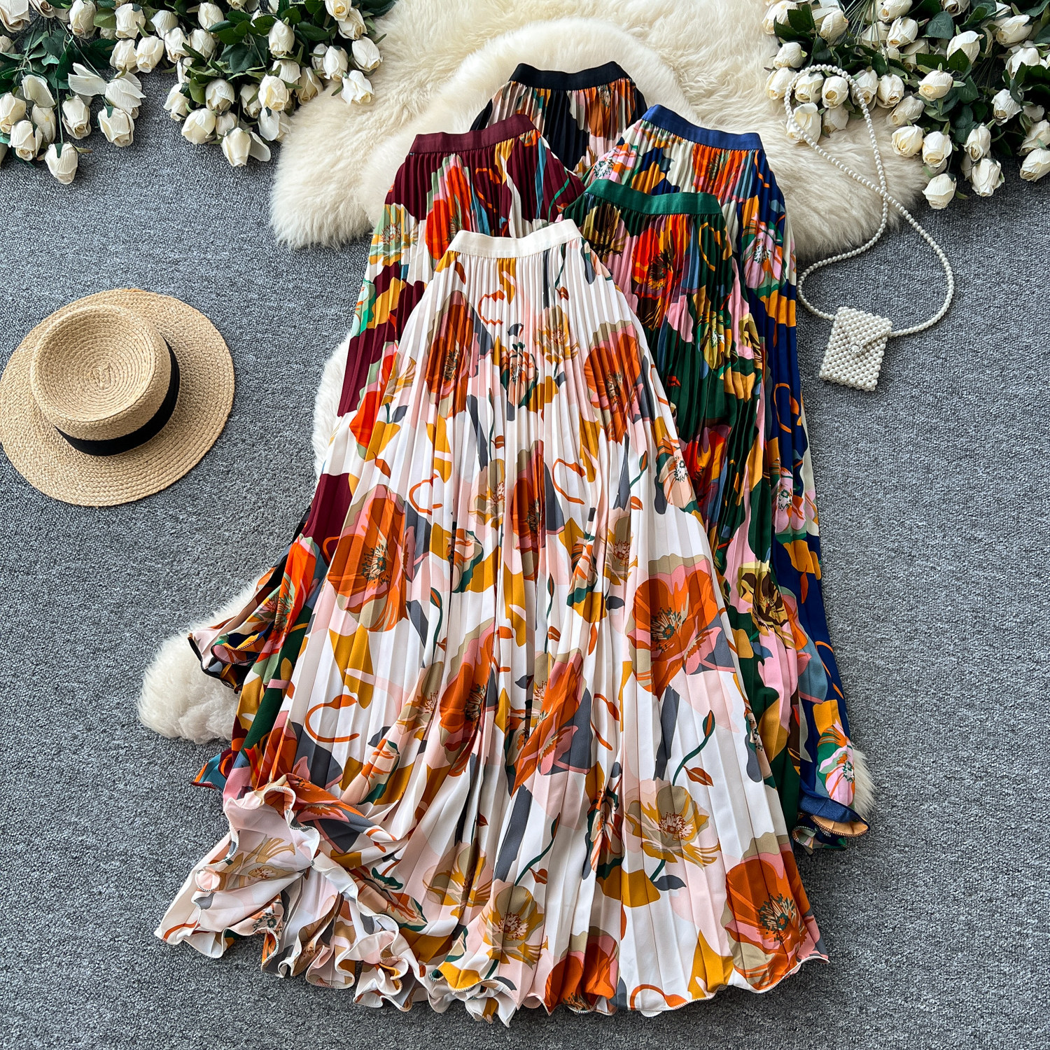 High Waisted Slimming Pleated Midi Skirt for Women French Style Printed A-Line Perfect for Summer Vacation And Work_ecoleips.com