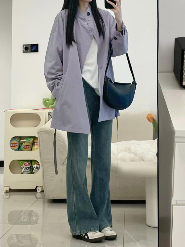 韩系氛围感穿搭紫色风衣外套女早初秋季2025新款气质开衫上衣|undefined