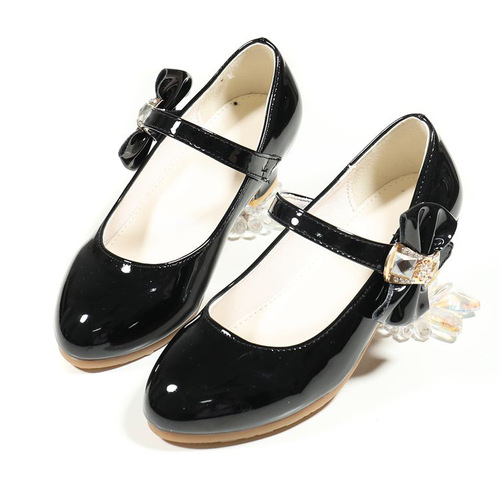  Autumn New Girls' Low Heel Leather Shoes with Glittered Upper and Bow Decoration Children's Dance Single Shoes