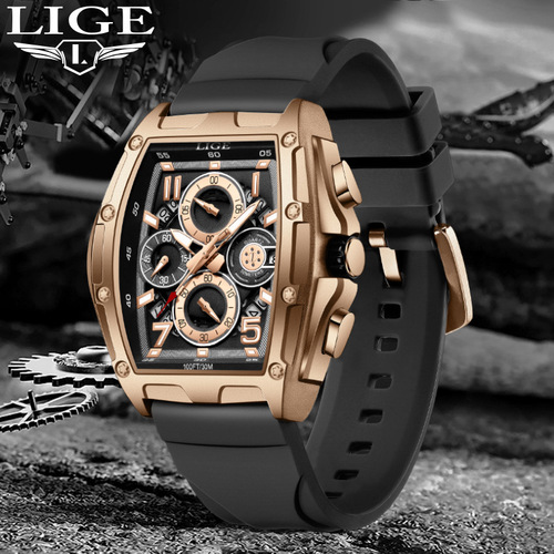 LIGE/Lige's new men's multi-functional waterproof calendar watch sports barrel curved mirror hollow watch