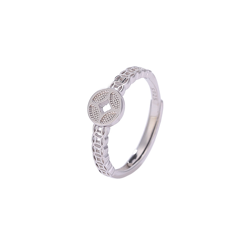 Nhẫn bạc sterling S925 hình đồng xu phong cách Trung Hoa, thiết kế mở điều chỉnh được — Một mảnh