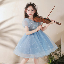 蓝色女童礼服夏季高端公主裙儿童主持人花童小女孩钢琴演奏演出服