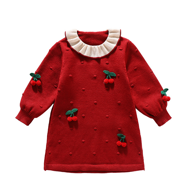 Vestido de lana para niñas largo con diseño de cereza – moda otoño-invierno 2025.