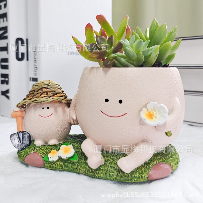 Parent-Child Straw Hat Fleshy Small Flower Pot Office Study Decorative Guitar Creative Cute Green Plant Ornaments Cross-border Explosions