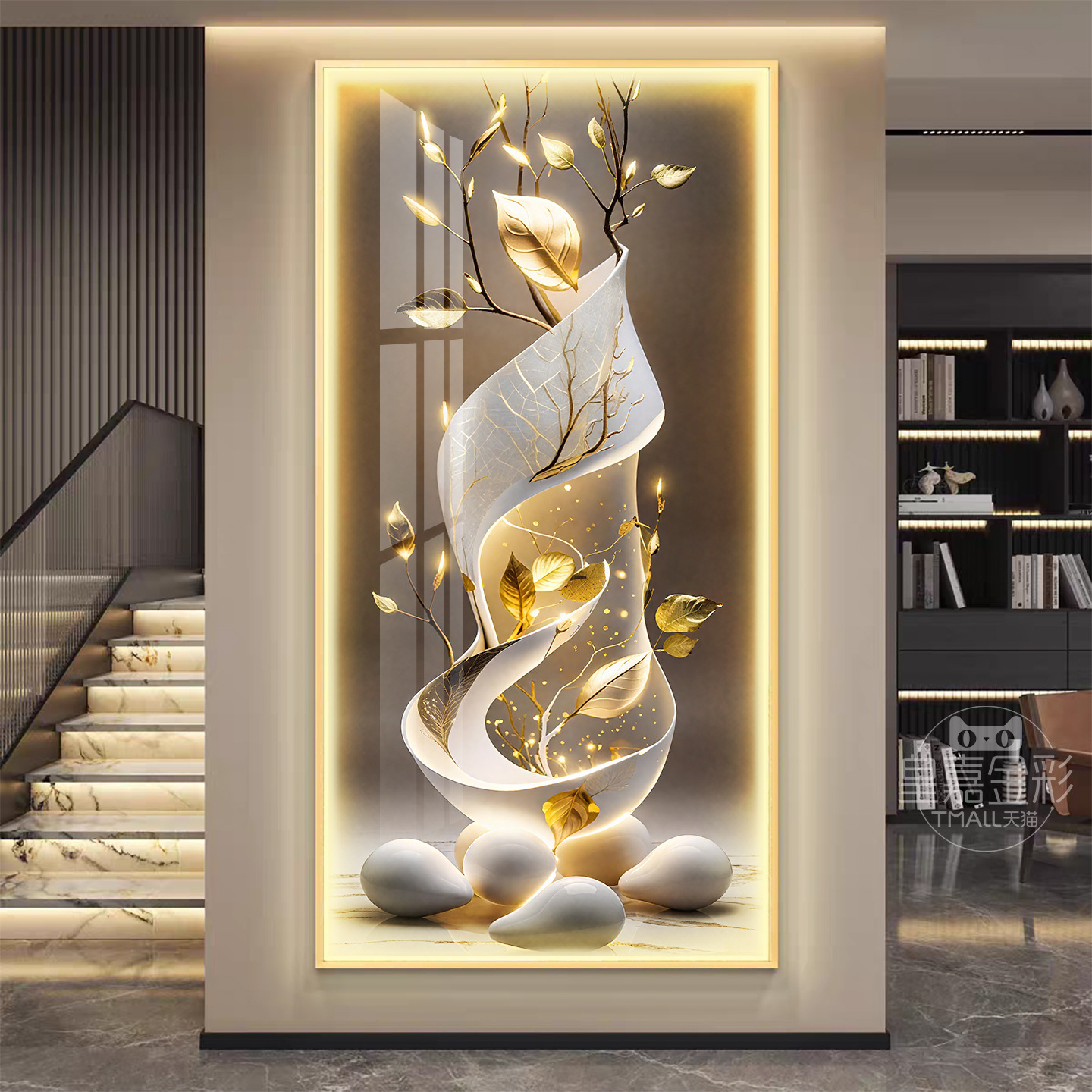 Modern Light Luxury Entrance Decorative Painting with Gold Leaves, Hanging Painting Facing the Entrance Door, Led Lighted High-End Corridor Aisle Mural