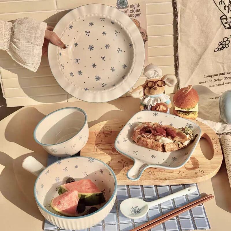 Early Snow Ceramic Bowl and Dish suit Household High Temperature Underglaze Color Tableware High Beauty Value Simple Style Plate Rice Bowl Spoon