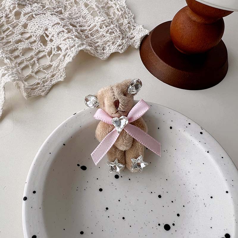 Ours et petit lapin ~ Broche mignonne en forme de cœur avec nœud papillon et strass, version coréenne_voghion.com