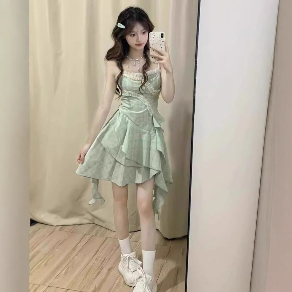 달콤한 스파이스 소녀 러플 슬링 원피스 요정 여름 꽃 원피스 불규칙한 우아한 해변 해변 긴 원피스