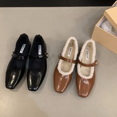 平底秋冬季加绒毛毛棉鞋单鞋女鞋子2025新款方头黑色玛丽珍晚晚鞋