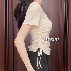 2025 新しい夏のラウンドネック半袖 T シャツ女性のデザイン両サイド巾着スリムウエスト痩身ホットガール着用