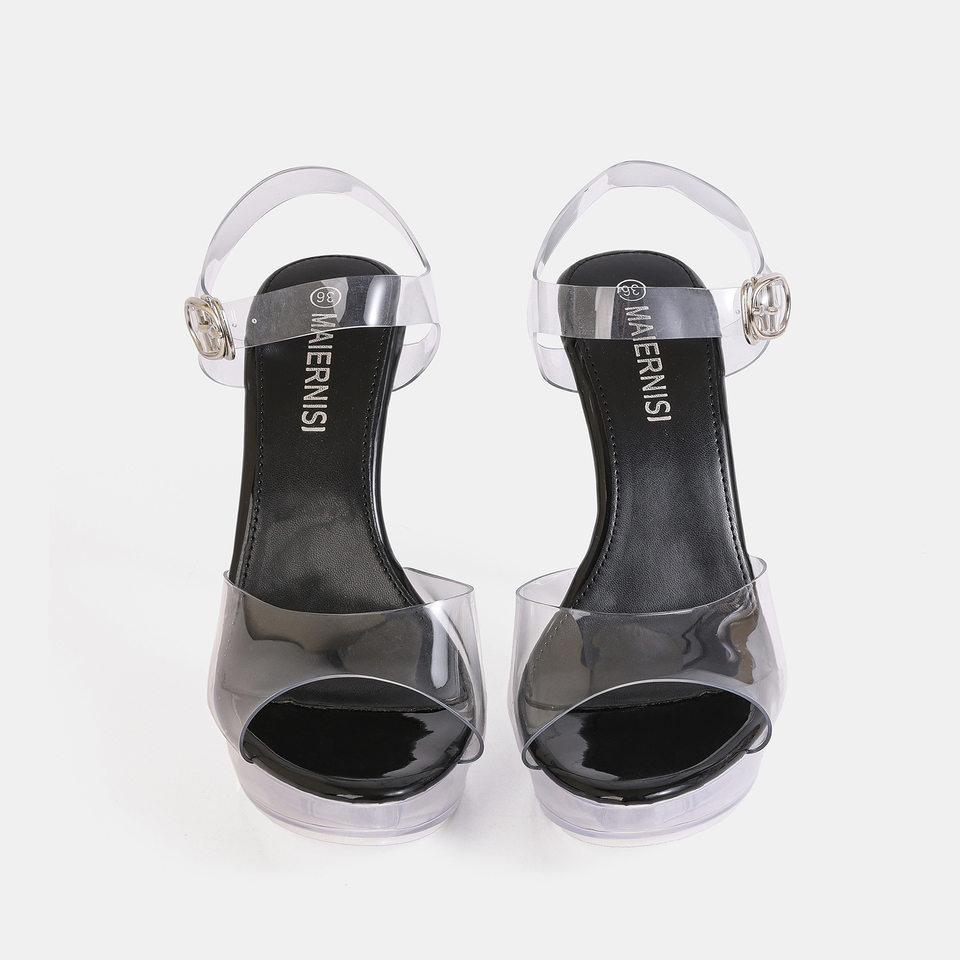 Dép sandal nữ cao gót quai ngang trong suốt đính pha lê, đế platform gót 9 cm — bạc, màu hồng, màu mơ, màu đỏ chi tiết 2