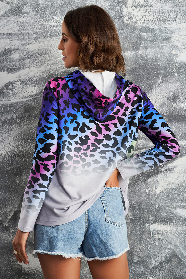 Winter New Gradient Color Sweatshirt For Women Trendy Leopard Print Tie Pullover Hoodie_desvips.com
