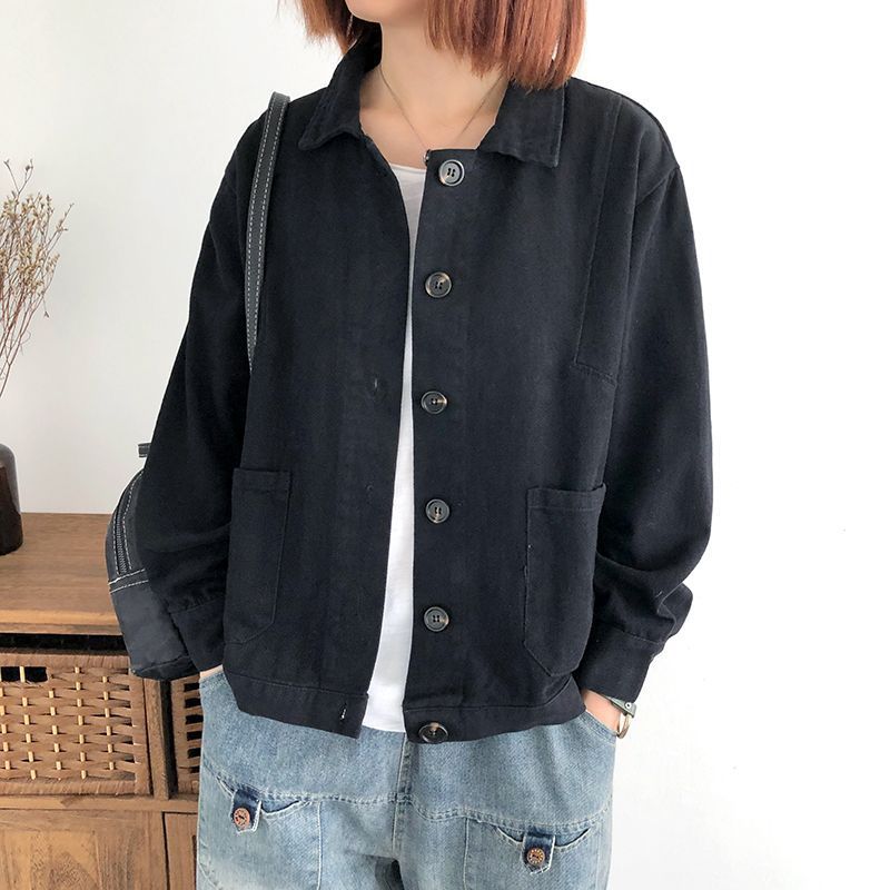 短款休闲外套女秋季新款纯色宽松百搭翻领工装上衣韩版长袖夹克衫|undefined