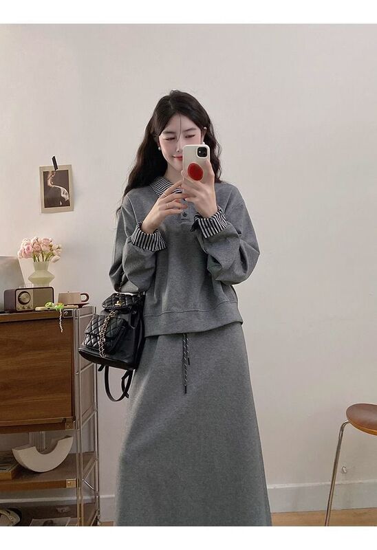 大码灰色假两件卫衣半身裙两件套女秋冬胖mm显瘦遮肉休闲裙子套装|undefined