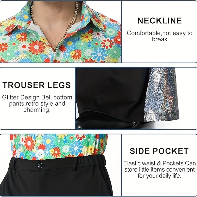 2025 New Men's 70S Disco Outfit, Shiny Shirt and Flared Pants Two-Piece Set with Accessories 2025 New Men's 70S Disco Outfit, Shiny Shirt and Flared Pants Two-Piece Set with Accessories