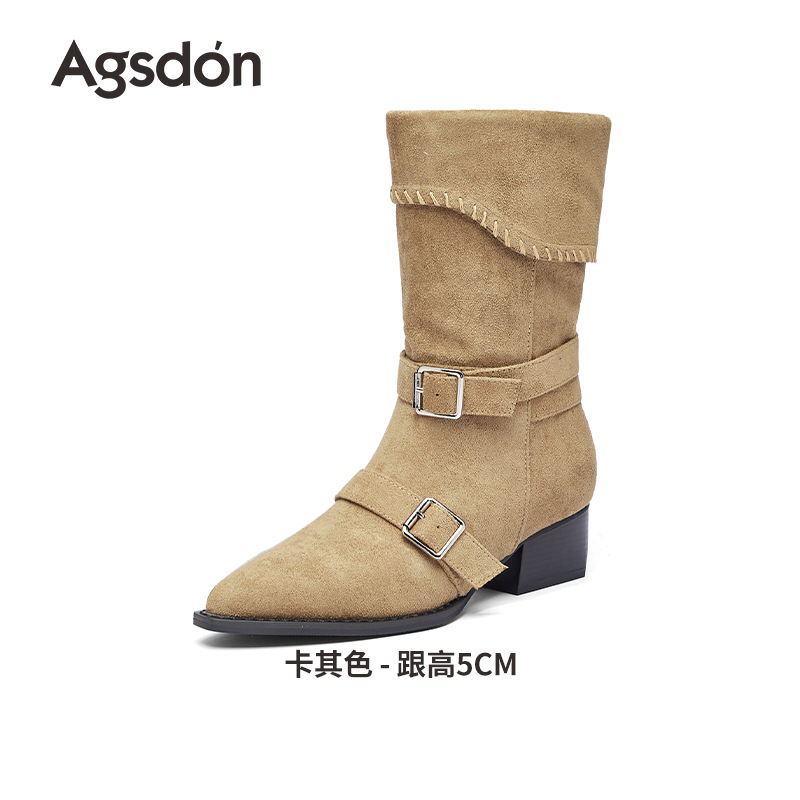 Augu Shi Deng marrón botas cortas mujeres 2025 nuevo otoño invierno botas Martin de talón grueso Meirard punta de moda botas de una sola