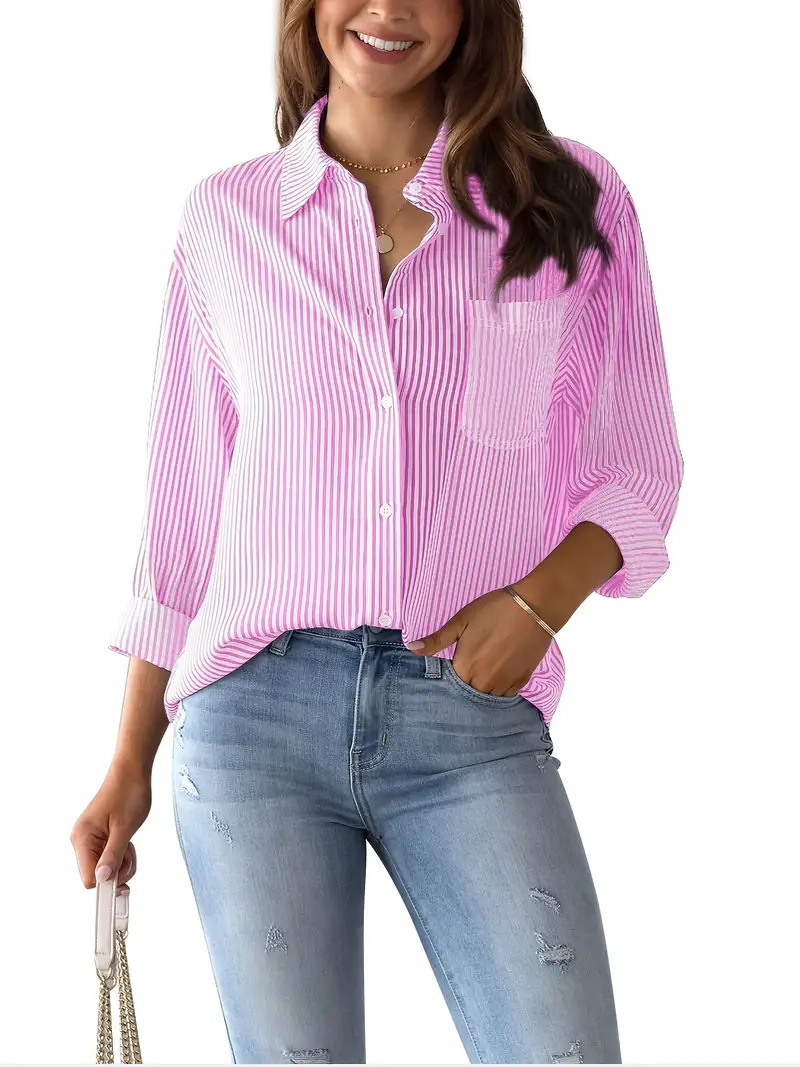 Women's Blouse Long Sleeve Blouses Printing Pocket Simple Style Stripe display picture 2