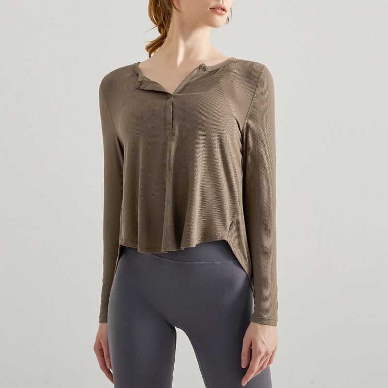 Cd Spring and Autumn Yoga Clothes Long Sleeve Loose Striped Open Collar Running Fitness Sports Yoga Top Long Sleeve Women