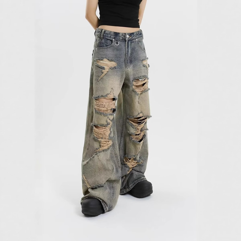 Cross-Border American-Style Trendy Ripped Jeans for Men, Mud-Dyed, Distressed, Stylish Wasteland Style, Wide-Leg, Floor-Length, Distressed Pants