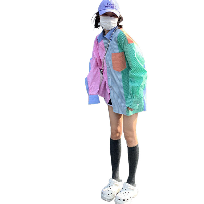 마카롱 컬러 바느질 셔츠 긴 소매 여성의 봄과 가을 2024 새로운 틈새 디자인 홍콩 스타일 캐주얼 셔츠 트렌디