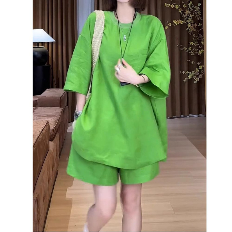 European-Style Plus-Size Short-Sleeve T-Shirt Cotton-Linen Set for Women, New Summer Style Loose Half-Sleeve Top and Wide-Leg Shorts Two-Piece Set