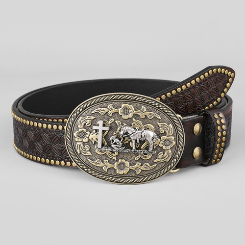 Cross-border Western Denim Belt Carved Trendy Retro Youth Retro Men's Punk PU Niche Leather Belt