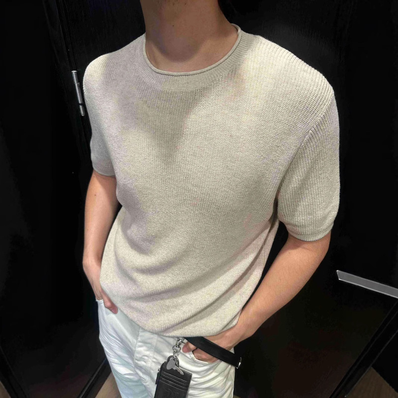 Eme Men's New Luxury Summer Knitted Cotton Linen Yarn Old Money Relaxed Breathable Round Neck Short Sleeve Sweater Eme Men's New Luxury Summer Knitted Cotton Linen Yarn Old Money Relaxed Breathable Round Neck Short Sleeve Sweater