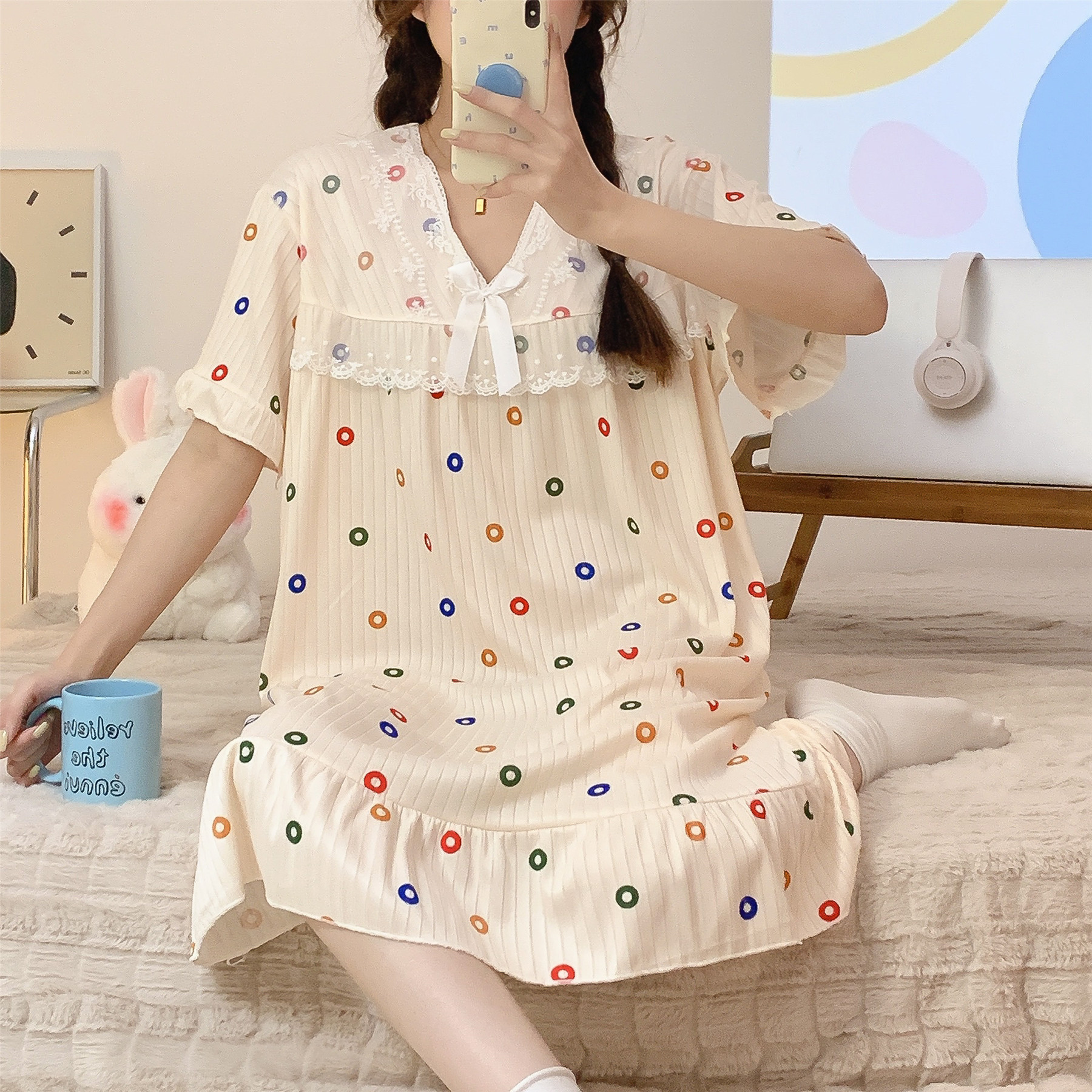 Comercio exterior verano camisón de encaje manga corta pijamas delgada dibujos animados dulce lindo estudiante seda la leche desgaste del hogar