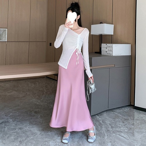 High-waisted silk fish-tail semi-slip dress with elegant coverage, shaping and slimming effect, A-line style, suitable for plus-size women