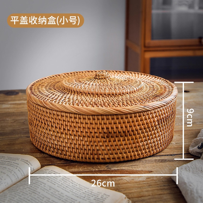 Cesta de almacenamiento de caña tejida de caña cubierta caja de almacenamiento de escritorio caja de pastel de té mesa de té bocadillos de frutas pan al vapor retrógrado sopa