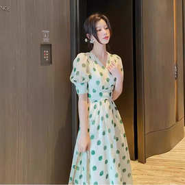 波点中长款法式新款A字裙v领显瘦茶歇短袖开叉淑女复古夏春秋女装