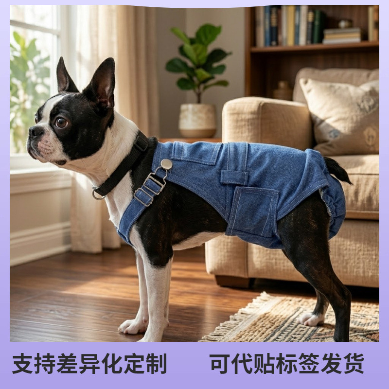 Female Dog Physiological Pants Denim Vest Adjustable Anti-Harassment Menstrual Pants for Teddy Labrador Small and Medium-Sized Dogs