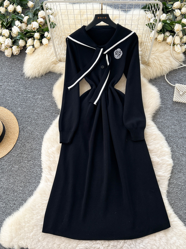 College Style Retro Contrast Color Navy Collar Strap Embroidered Waist Long-Sleeved Knitted Dress Women's Autumn Sweater Long Skirt