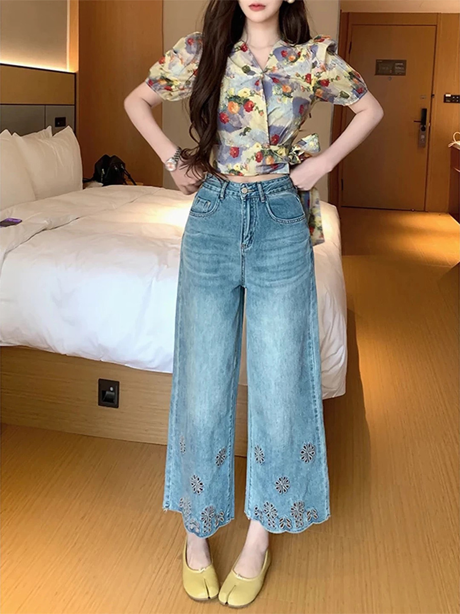 Diseño hueco grande nueve puntos jeans de verano para mujeres nuevos mm grasa suelta cintura alta delgada pantalones rectos de piernas anchas image 3