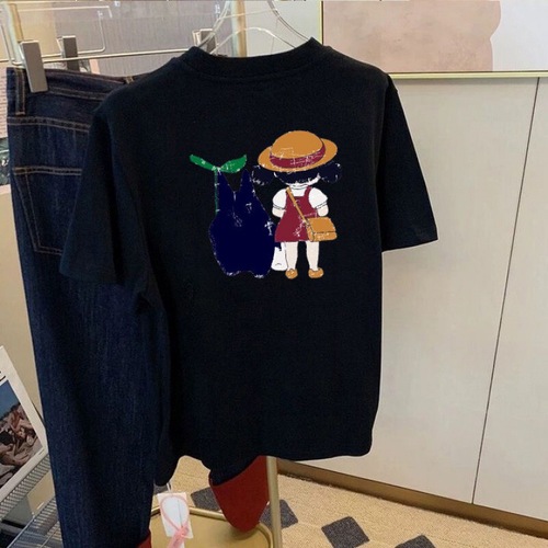 2025 Summer Square Shoulder Fashion Women's Short Sleeve T-Shirt Loose Cartoon Print White Slimming Top Instagram Trend