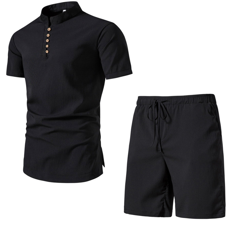 2025 Chinese Style Export Casual Suit Men's Large Size Short-Sleeved Retro Shirt Pure Color Beach Pants Shorts Suit 2025 Chinese Style Export Casual Suit Men's Large Size Short-Sleeved Retro Shirt Pure Color Beach Pants Shorts Suit