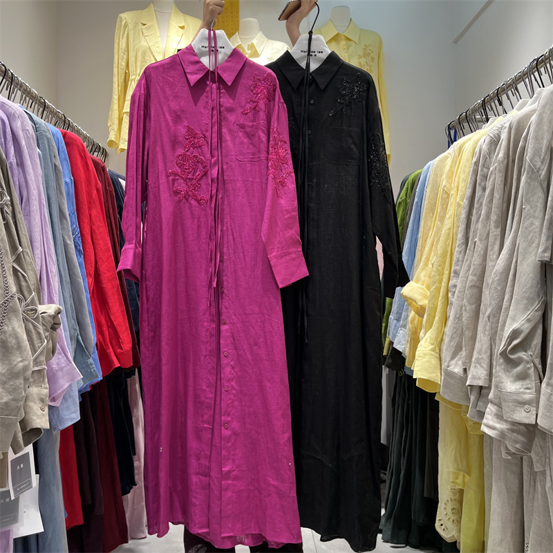 Extra-Long Loose-Fitting Slimming Lazy Style Tie-Waist Heavy Beaded Sequin Long-Sleeve Linen Dress Gown for Women Extra-Long Loose-Fitting Slimming Lazy Style Tie-Waist Heavy Beaded Sequin Long-Sleeve Linen Dress Gown for Women