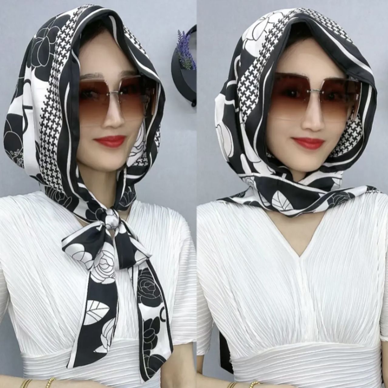 Feiling Same Style Spring and Summer New Double-Layer Double-Sided Satin Scarf Hat Sunscreen Hood Ribbon Multi-purpose Hood