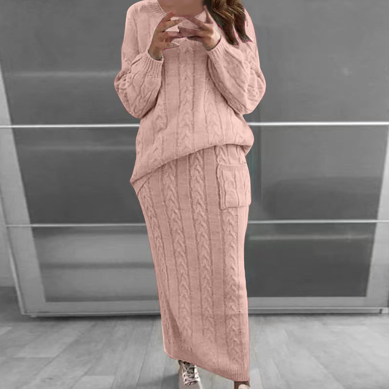 Neues Herbst- und Winterstrickkleid, lässiger Mode-Twist-Pullover-Anzugrock_voghion.com