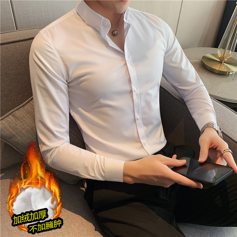 Fleece-lined Shirt Long-sleeved Men's Winter Warm Shirt Slim-fit Solid Color Base Large Size Plus-fat Casual Business Shirt